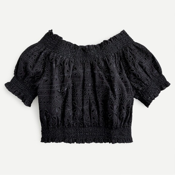 Women’s J. Crew Black Eyelet Lace Outfit Skirt Off the Shoulder Top Set Size XS - Picture 2 of 16